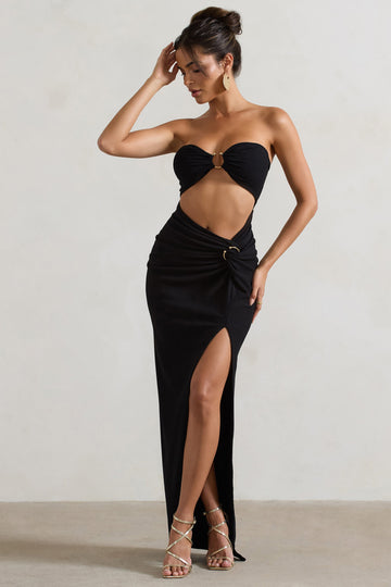 Cancun Black Crinkle Strapless Cut-Out Maxi Dress With Twist